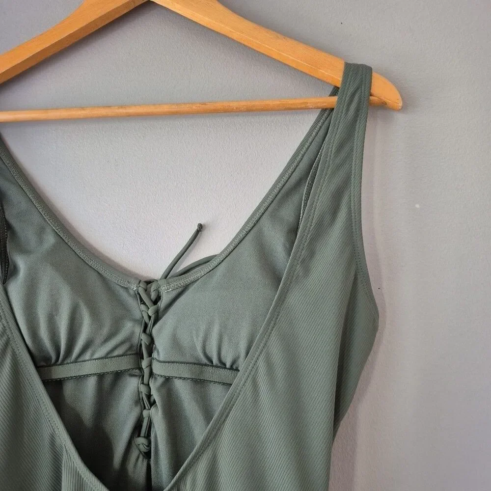 Xhilaration Olive Green One Piece Lace Up Ribbed Swimsuit Womens Large